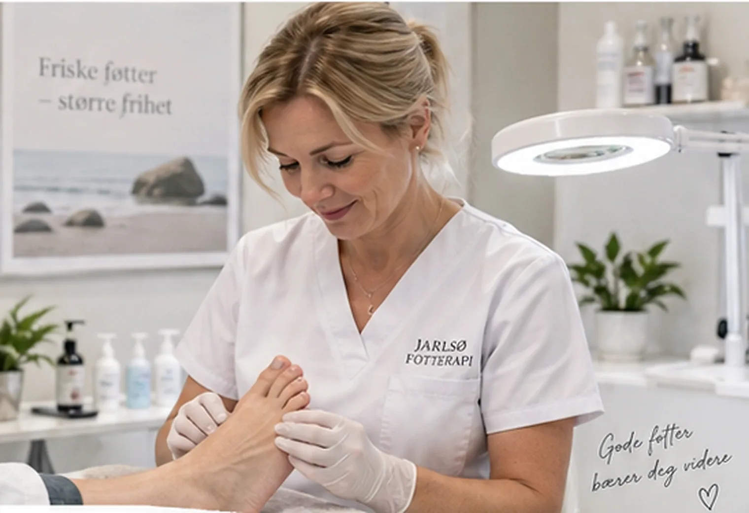 Ellen Margareth Spein Andersen behandler en fot i klinikken på Jarlsø